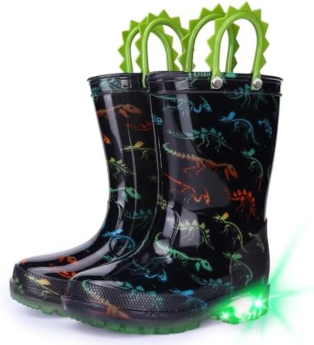 Toddler Kids Rain Boots - Light Up Boys Rainboots Boots Waterproof Lightweight Outdoor Shoes with Easy-On Handles (Toddler/Little/Big kids)