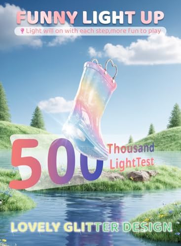 Toddler Rain Boots Girls Rain Boots - Glitter Light Up Kids Rain Boots With Easy-On Handles Lightwight Waterproof Rain Shoes(Toddler/Little/Big Kids)