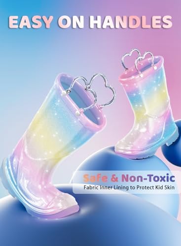 Toddler Rain Boots Girls Rain Boots - Glitter Light Up Kids Rain Boots With Easy-On Handles Lightwight Waterproof Rain Shoes(Toddler/Little/Big Kids)