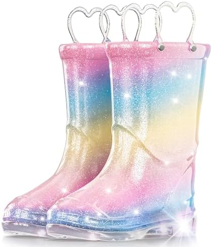 Toddler Rain Boots Girls Rain Boots - Glitter Light Up Kids Rain Boots with Easy-On Handles Lightwight Waterproof Rain Shoes(Toddler/Little/Big kids)