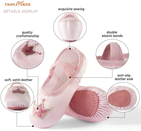 TRIPLE DEER Ballet Shoes For Girls Satin Dance Practice Slippers Split Soft Leather Flat Sole Yoga Gymnastics Shoes (Toddler/Little/Big Kid)