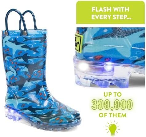 Western Chief Kids Waterproof Light Up Rain Boots With Handles For Easy On And Off For Boys And Girls