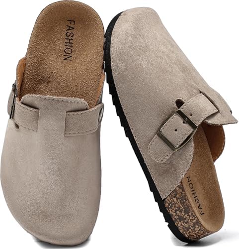 XTJSCBDSH Kids Suede Clogs with Cork Footbed Toddler Boys Girls Sandals Adjustable Buckle Slip-On Slippers Arch Support Mules for Indoor Outdoor