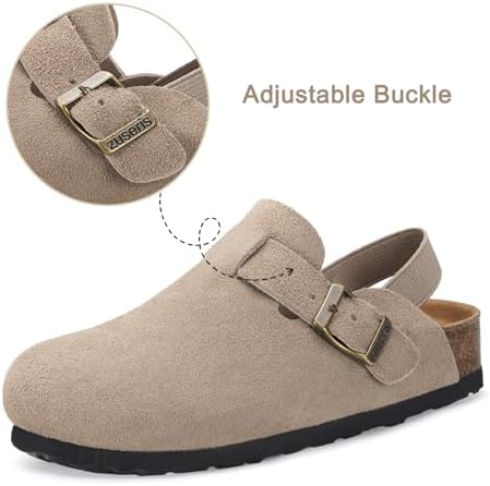 ZUSERIS Kids Suede Clogs Toddler Clogs Boys Girls Cork Footbed Sandals Potato Shoes Leather Slip On Mules With Adjustable Buckle