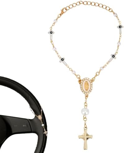 方向盘念珠挂饰 天主教小念珠 用于汽车镜子挂饰圣母玛丽迷你吊坠和耶稣受难像理想的天主教宗教配饰送给男士和女士的礼物