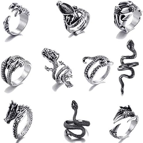 10 Pieces of Vintage Punk Ring Dragon Snake Octopus Adjustable Ring