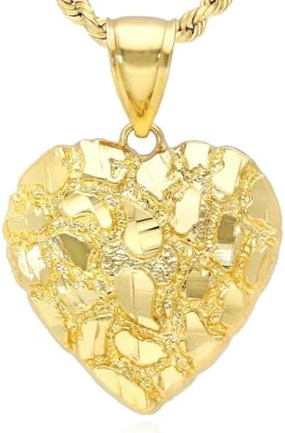 10K Yellow Gold Nugget Heart Pendant 0.7"-1.4"