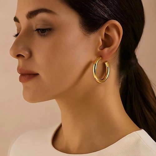 12 Pairs Chunky Gold Hoop Earrings For Women Trendy Gold Plated Lightweight Hypoallergenic Stack Thick Open Twisted Huggie Hoops Earring Set
