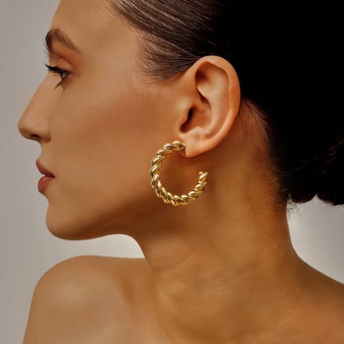 12 Pairs Chunky Gold Hoop Earrings For Women Trendy Gold Plated Lightweight Hypoallergenic Stack Thick Open Twisted Huggie Hoops Earring Set