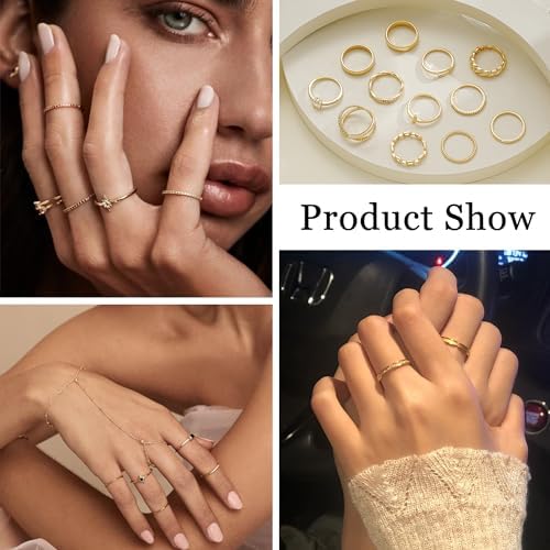 12 PCS Dainty 14K Gold Rings For Women Eternity Open Chunky Twist Simulated Diamond Criss Cross Designs Non Tarnish Gold Plated Stacking Thumb Ring Perfect For Wedding Bands Size 5-11