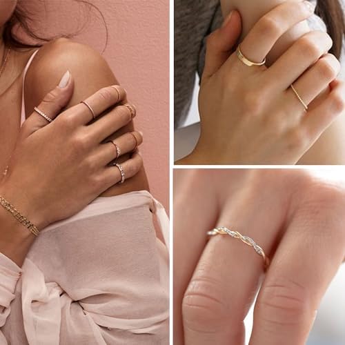 12 PCS Dainty 14K Gold Rings For Women Eternity Open Chunky Twist Simulated Diamond Criss Cross Designs Non Tarnish Gold Plated Stacking Thumb Ring Perfect For Wedding Bands Size 5-11