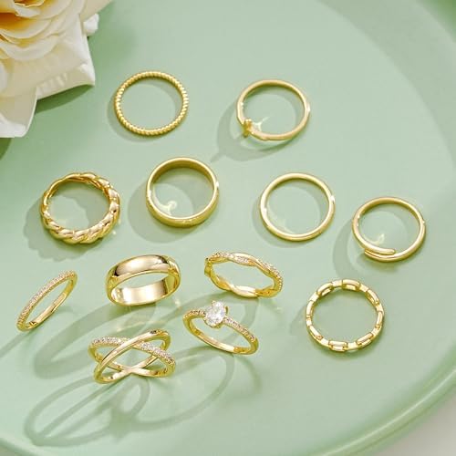 12 PCS Dainty 14K Gold Rings For Women Eternity Open Chunky Twist Simulated Diamond Criss Cross Designs Non Tarnish Gold Plated Stacking Thumb Ring Perfect For Wedding Bands Size 5-11