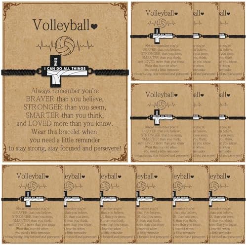 12 Set Volleyball Soccer Football Softball Baseball Bracelets Gifts Adjustable Cross Charm Bracelets Party Favor Team Gifts with Inspirational Cards for Teen Player Group Ball Lover