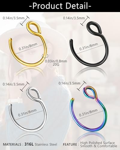 12Pcs 20G Fake Nose Rings Fake Septum Nose Ring Hoop For Faux Lip Septum Nose Ring Set Stainless Nose Hoop For Women Men