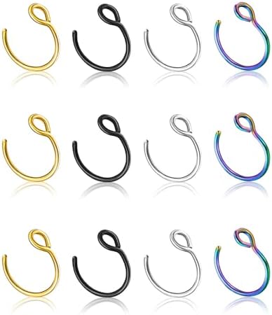 12Pcs 20G Fake Nose Rings Fake Septum Nose Ring Hoop for Faux Lip Septum Nose Ring Set Stainless Nose Hoop for Women Men