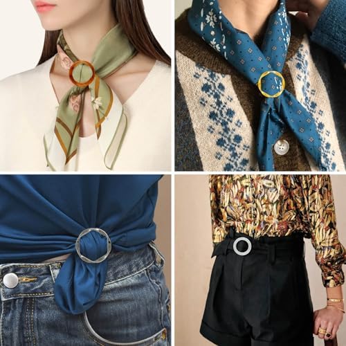 14 PCS Silk Scarf Ring Clip T-shirt Ties Clips Clothes Corner Knotted Button For Women Shirt Waist Cincher Clips Tightener Women Fashion Metal Round Circle Shirt Clip With 1 Storage Bag