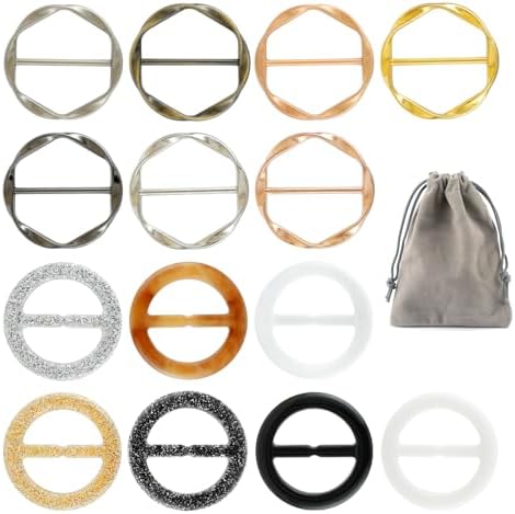 14 PCS Silk Scarf Ring Clip T-shirt Ties Clips Clothes Corner Knotted Button for Women Shirt Waist Cincher Clips Tightener Women Fashion Metal Round Circle Shirt Clip with 1 Storage Bag