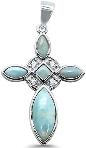 14607 Natural Larimar Cross & Cz .925 Sterling Silver Charm Pendant
