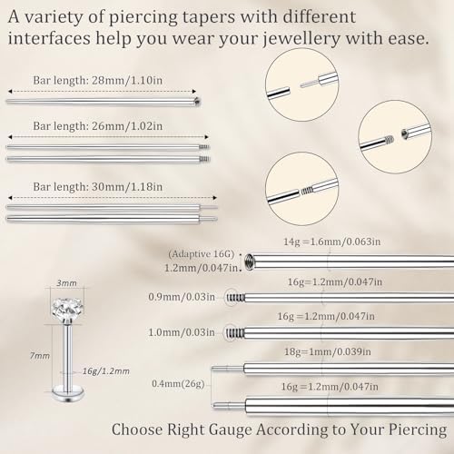 14G 16G 18G 20G Piercing Taper Kit Piercing Ball Grabber Tool Stainless Steel Flat Back Earring Applicator Tool Threadless Insertion Pin Curved Body Piercings Kits For Ear/Nose/Navel/Lip/Eyebrow
