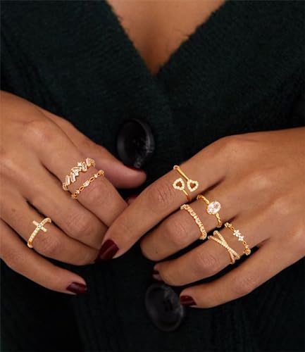 金银戒指女式不变色镀金可堆叠戒指婚礼订婚戒指精致 14K 金戒指简约时尚方晶锆石拇指堆叠戒指套装 尺寸 4-11