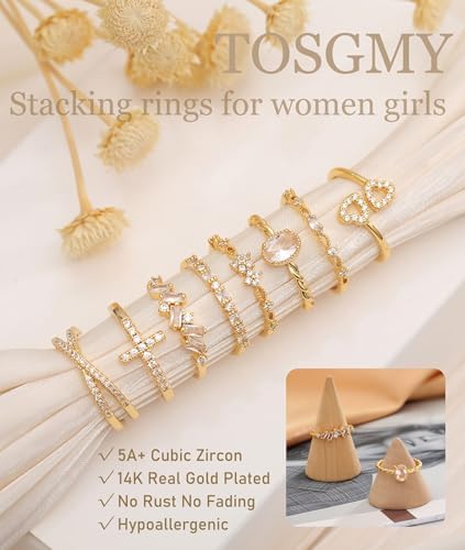 金银戒指女式不变色镀金可堆叠戒指婚礼订婚戒指精致 14K 金戒指简约时尚方晶锆石拇指堆叠戒指套装 尺寸 4-11