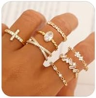 金银戒指女式不变色镀金可堆叠戒指婚礼订婚戒指精致 14K 金戒指简约时尚方晶锆石拇指堆叠戒指套装 尺寸 4-11