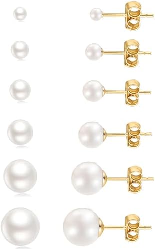 14K Gold Filled Polished Small CZ Pearl Ball Stud Earrings Set for Women Men 20G Surgical Steel Hypoallergenic Piercing Studs for Sensitive Ear Pack of 6 Pairs