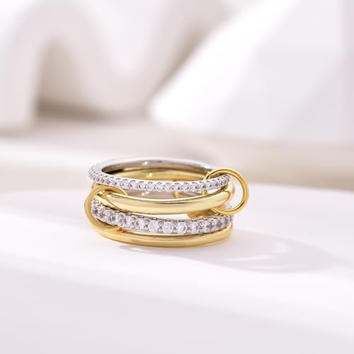 14K Gold Plated Interlocked Stackable Rings For Women Non Tarnish Gold And Silver Cubic Zirconia Statement Rings Set Mixed Metals Ring Two-Toned Connected Bands Stacking Jewelry
