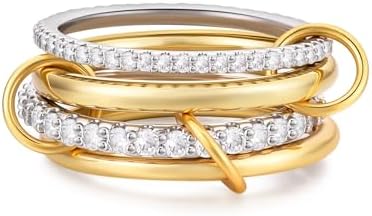 14K Gold Plated Interlocked Stackable Rings for Women Non Tarnish Gold and Silver Cubic Zirconia Statement Rings Set Mixed Metals Ring Two-Toned Connected Bands Stacking Jewelry
