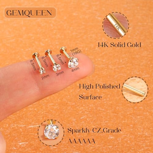 14K Solid Gold Flat Back Earring Hypoallergenic - 18G Cartilage Tragus Conch Helix Piercing Jewelry Extended Internal Thread Labret Lip Nose Stud For Women Men Simulated Diamond CZ 2/3/4mm