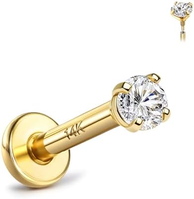 14K Solid Gold Flat Back Earring Hypoallergenic - 18G Cartilage Tragus Conch Helix Piercing Jewelry Extended Internal Thread Labret Lip Nose Stud for Women Men Simulated Diamond CZ 2/3/4mm