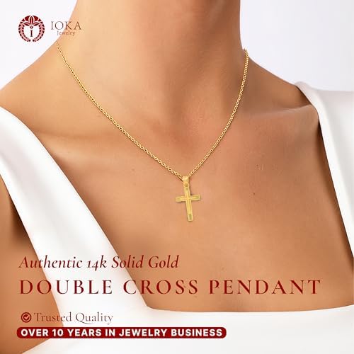 14K Yellow Solid Gold Cross Pendant For Men Or Women In Two Sizes – 14 Karat Small Jesus Charm For Necklace Or Chain – Thin Crucifix Jewelry Gift For Baptism Confirmation Christian Religious Or Everyday Wear