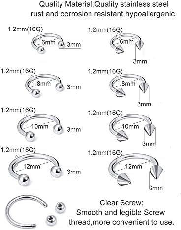 16G Surgical Steel Nose Septum Horseshoe Hoop Earring Eyebrow Tragus Helix Lip Rings Piercing Jewelry
