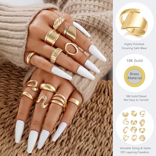 17 MILE Chunky Gold Stackable Rings For Women Non Tarnish 18K Gold-Plated Statement Open Stacking Rings Knuckle Band Ring Set