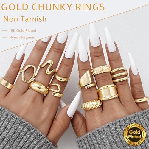 17 MILE Chunky Gold Stackable Rings For Women Non Tarnish 18K Gold-Plated Statement Open Stacking Rings Knuckle Band Ring Set