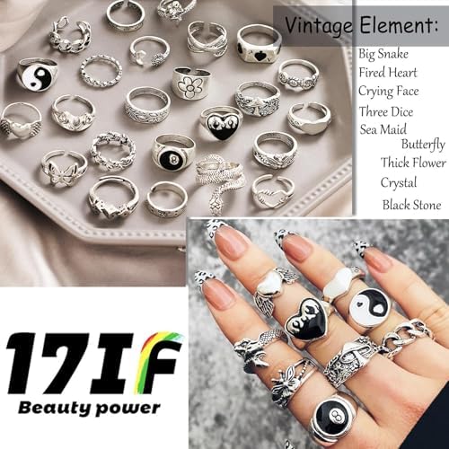 17IF 26-35 Pcs Vintage Silver Knuckle Rings Set For Women Men Grunge Gothic Rings Chunky Aesthetic Snake Stackable Adjustable Punk Bulky Finger Alt Fairy Skull Frog Heart Star Flower Midi Ring Pack