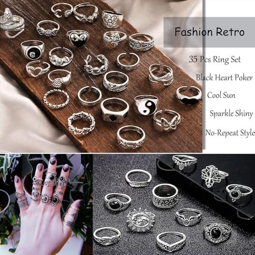 17IF 26-35 Pcs Vintage Silver Knuckle Rings Set For Women Men Grunge Gothic Rings Chunky Aesthetic Snake Stackable Adjustable Punk Bulky Finger Alt Fairy Skull Frog Heart Star Flower Midi Ring Pack