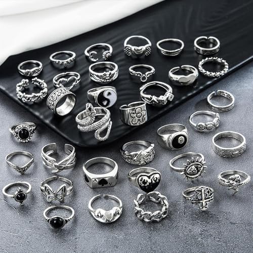 17IF 26-35 Pcs Vintage Silver Knuckle Rings Set For Women Men Grunge Gothic Rings Chunky Aesthetic Snake Stackable Adjustable Punk Bulky Finger Alt Fairy Skull Frog Heart Star Flower Midi Ring Pack