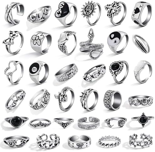 17IF 26-35 Pcs Vintage Silver Knuckle Rings Set for Women Men Grunge Gothic Rings Chunky Aesthetic Snake Stackable Adjustable Punk Bulky Finger Alt Fairy Skull Frog Heart Star Flower Midi Ring Pack