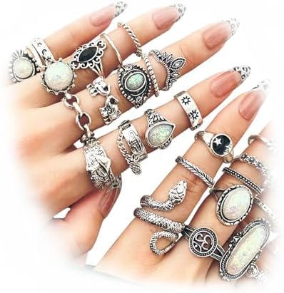 17IF Vintage Silver Knuckle Rings Set For Women Men Chunky Rings Aesthetic Snake Grunge Stackable Gothic Ring Adjustable Y2K Punk Bulky Boho Finger Alt Of Rings Stacking Fairy Skull Frog Heart Star Flower Midi Ring Pack