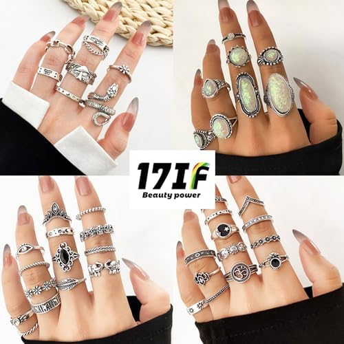 17IF Vintage Silver Knuckle Rings Set For Women Men Chunky Rings Aesthetic Snake Grunge Stackable Gothic Ring Adjustable Y2K Punk Bulky Boho Finger Alt Of Rings Stacking Fairy Skull Frog Heart Star Flower Midi Ring Pack