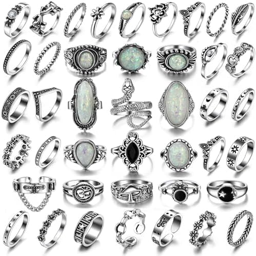 17IF Vintage Silver Knuckle Rings Set for Women Men Chunky Rings Aesthetic Snake Grunge Stackable Gothic Ring Adjustable Y2K Punk Bulky Boho Finger Alt of Rings Stacking Fairy Skull Frog Heart Star Flower Midi Ring Pack