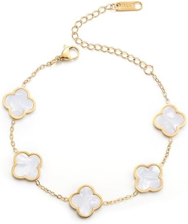 18K Gold Plated Clover Lucky Bracelet for Women White/Black/Red/Green Flower Four Leaf Link Bracelets Trendy Jewelry Gifts for Women