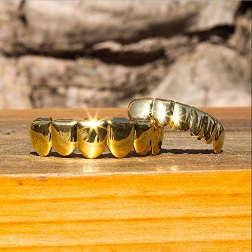 18K Gold Plated Gold Finish 6 Top Teeth 6 Bottom Tooth Hip Hop Teeth Grillz + 2 Molding Bars For Men And Women
