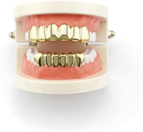 18K Gold Plated Gold Finish 6 Top Teeth 6 Bottom Tooth Hip Hop Teeth Grillz + 2 Molding Bars For Men And Women
