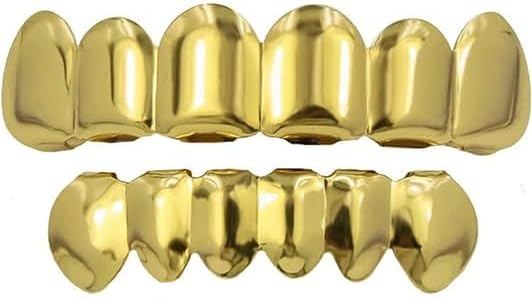 18K Gold Plated Gold Finish 6 Top Teeth 6 Bottom Tooth Hip Hop Teeth Grillz + 2 Molding Bars for Men and Women
