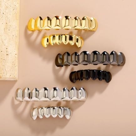 18K Gold Plated Gold Finish 8 Top Teeth 6 Bottom Tooth Hip Hop Teeth Grillz + 2 Molding Bars For Men And Women