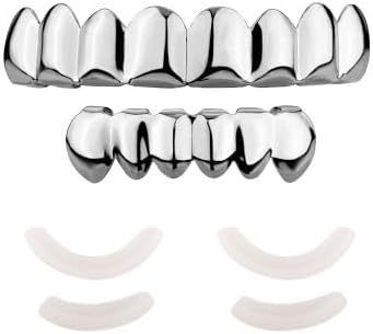 18K Gold Plated Gold Finish 8 Top Teeth 6 Bottom Tooth Hip Hop Teeth Grillz + 2 Molding Bars for Men and Women