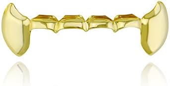 18K Gold Plated Hip Hop Teeth Grillz Caps 2pc Single Fangs And 6 Bottom Grillz Set For Your Teeth Grills For Men Women Rapper Accessory