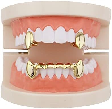 18K Gold Plated Hip Hop Teeth Grillz Caps 2pc Single Fangs and 6 Bottom Grillz Set for Your Teeth Grills for Men Women Rapper Accessory